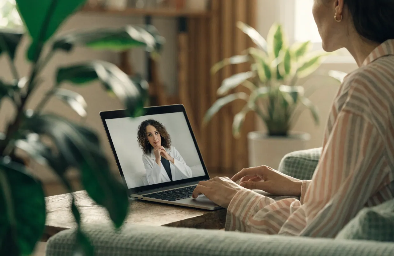 Paciente em consulta por videochamada com médico, em ambiente acolhedor